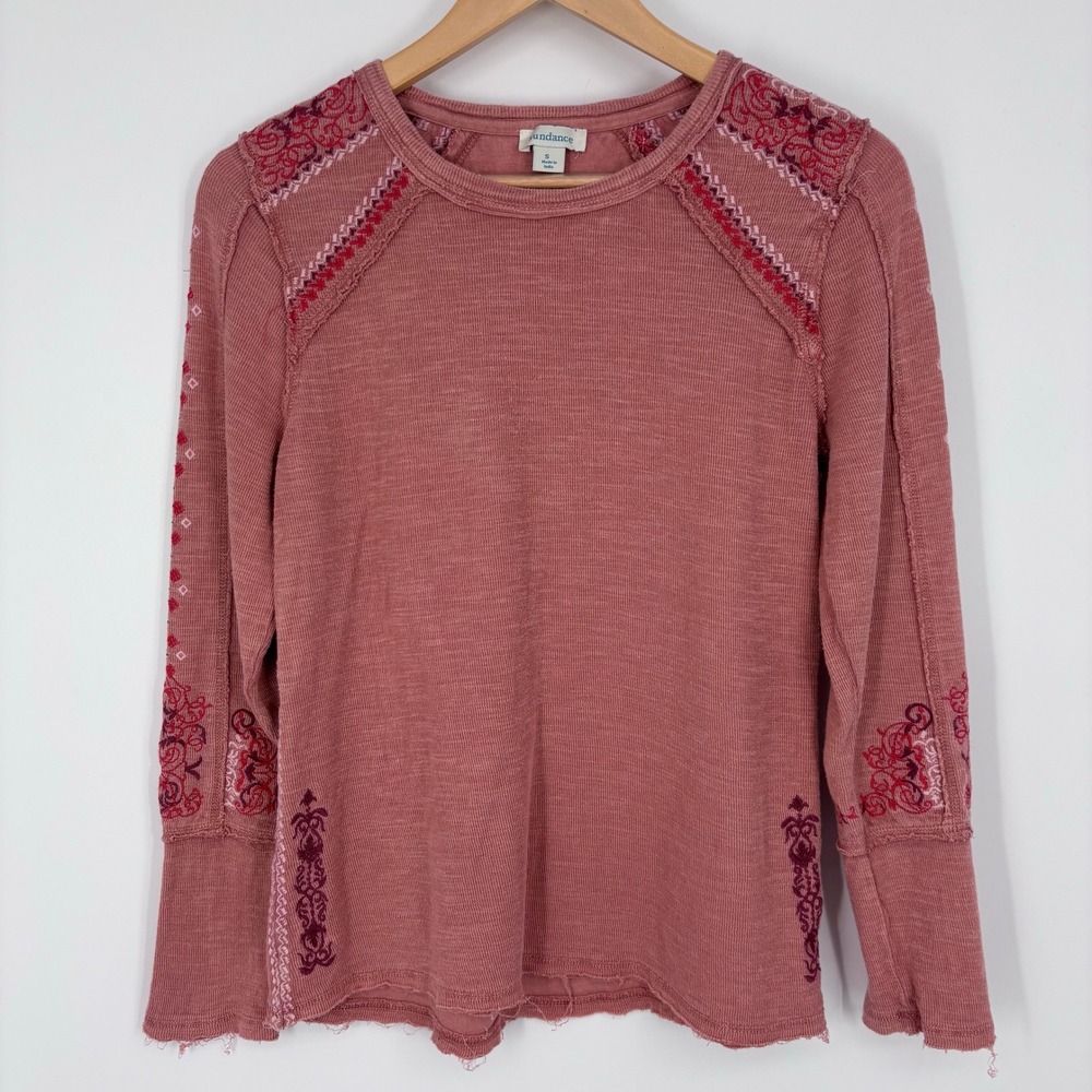 Sundance Embroidered Waffle Knit Thermal Top Women Size S Rose Pink Boho Casual